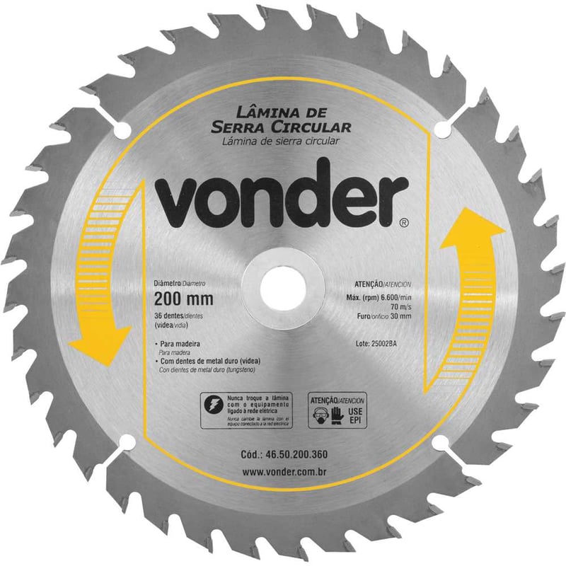 Lâmina de serra circular com dentes de metal duro/vídea, 200 mm x 30 mm, 36 dentes