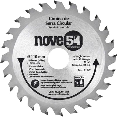 Lâmina de serra circular com dentes de metal duro/vídea, 110 mm x 20 mm, 24 dentes