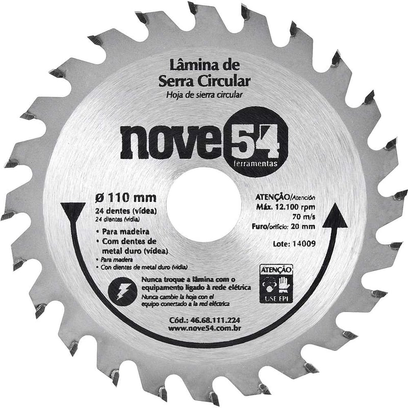 Lâmina de serra circular com dentes de metal duro/vídea, 110 mm x 20 mm, 24 dentes