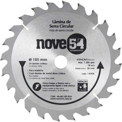 Lâmina de serra circular com dentes de metal duro/vídea, 185 mm x 20 mm, 24 dentes