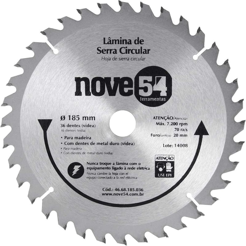 Lâmina de serra circular com dentes de metal duro/vídea, 185 mm x 20 mm, 36 dentes