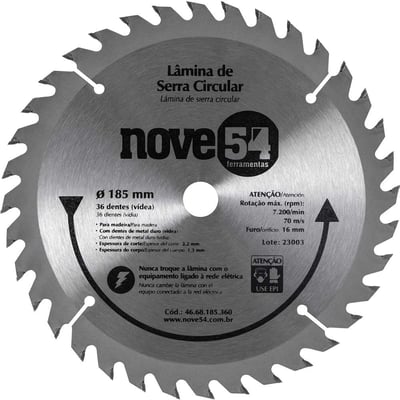 Lâmina de serra circular com dentes de metal duro/vídea, 185 mm x 16 mm, 36 dentes