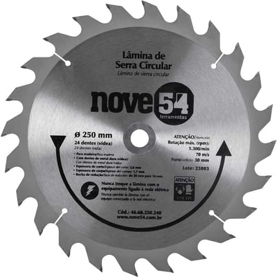 Lâmina de serra circular com dentes de metal duro/vídea, 250 mm x 30 mm, 24 dentes