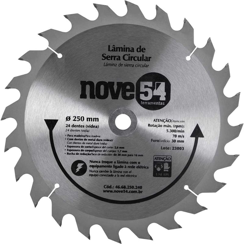 Lâmina de serra circular com dentes de metal duro/vídea, 250 mm x 30 mm, 24 dentes