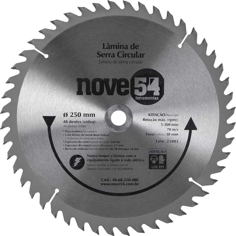 Lâmina de serra circular com dentes de metal duro/vídea, 250 mm x 30 mm, 48 dentes