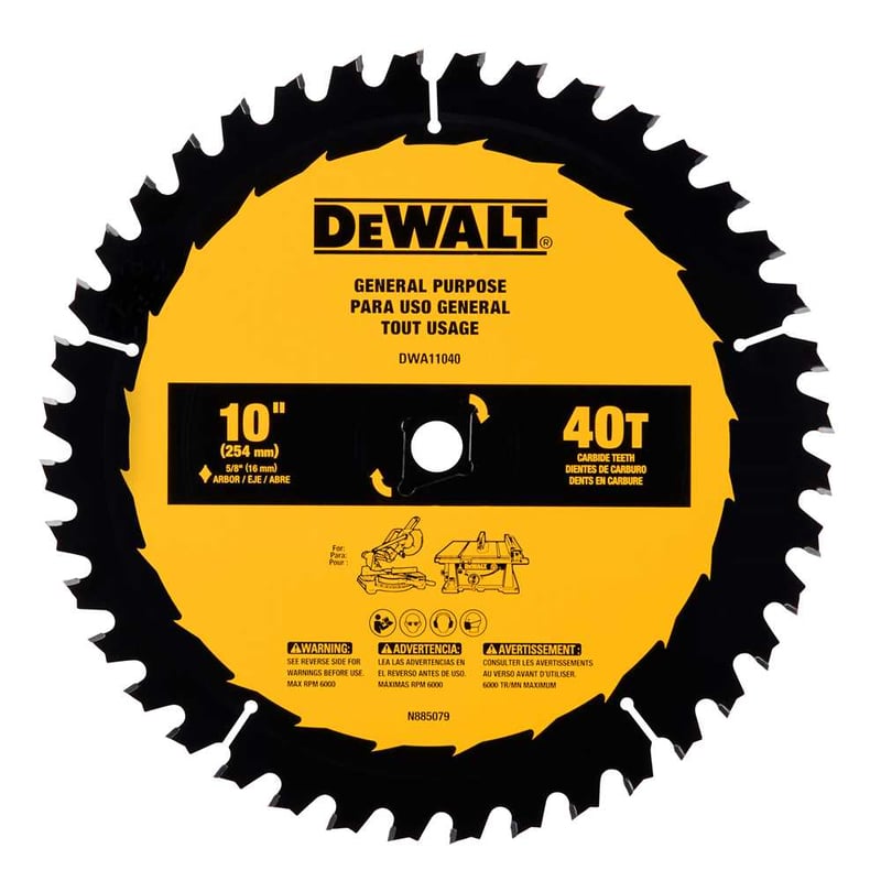 Lâmina de serra circular, 10" (254 mm) x 16,0 mm x 1,6 mm, 40 dentes de metal duro, para madeira, DWA11040