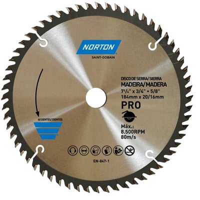 Lâmina de serra circular, 184 mm, furo 20 mm/16 mm, 60 dentes, 70184632475