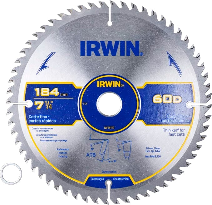Lâmina de serra circular com dentes de metal duro, 184 mm x 20 mm, 60 dentes, IW14110