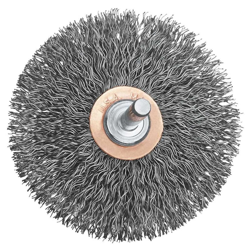 Escova circular de aço carbono, 3", com fio ondulado, haste de 1/4", DW4903