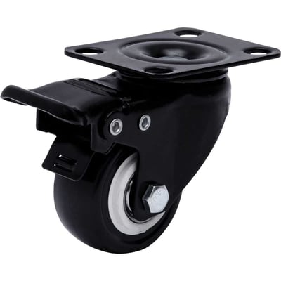 Rodízio giratório leve série black, base placa, 2", com freio, roda preta, 50 kgf, GLPBF.210.BP.E