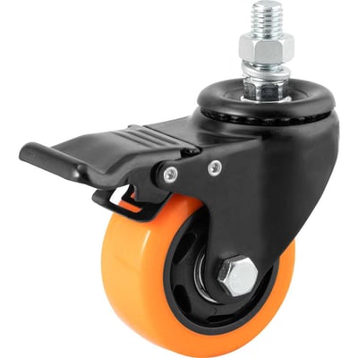 Rodízio giratório leve série black, base espiga, 3", com freio, roda laranja, 70 kgf, GLEBF.312.BPA.E