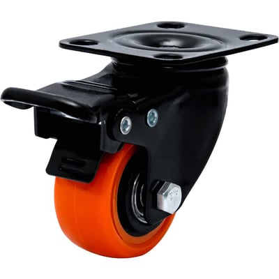 Rodízio giratório leve série black, base placa, 1.5/8", com freio, roda laranja, 30 kgf, GLPBF.1.5/8.BPA.E