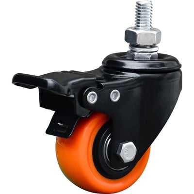 Rodízio giratório leve série black, base espiga, 2", com freio, roda laranja, 50 kgf, GLEBF.210.BPA.E