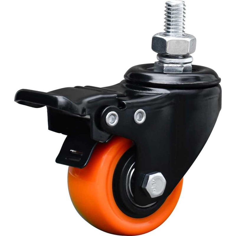 Rodízio giratório leve série black, base espiga, 2", com freio, roda laranja, 50 kgf, GLEBF.210.BPA.E
