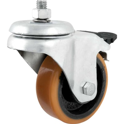 Rodízio giratório leve 4", de poliuretano, laranja, com freio, com rosca, GLE 414 PN