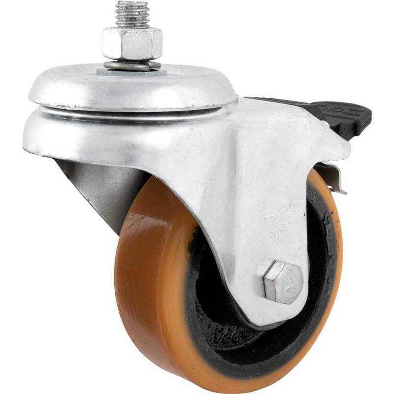 Rodízio giratório leve 4", de poliuretano, laranja, com freio, com rosca, GLE 414 PN