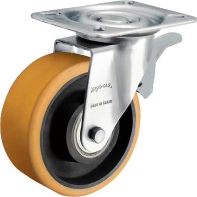 Rodízio giratório 4", de poliuretano e ferro fundido, laranja, com freio, GLROA 414 UFK, RODCAR
