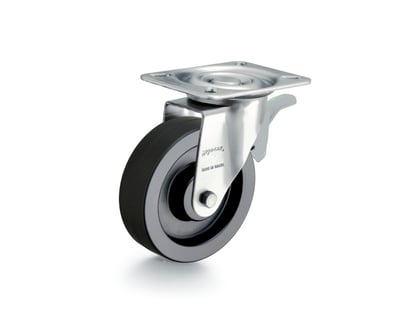 Rodízio giratório leve 4", de borracha termoplástica, preto, com freio, GLROA 414 BIN, RODCAR