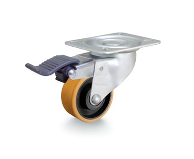 Rodízio giratório 3", de poliuretano e ferro fundido, laranja, com freio, GLRON 312 UF RODCAR