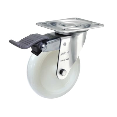 Rodízio giratório 4", de nylon, branco, com freio, GLRON 412 NN, RODCAR