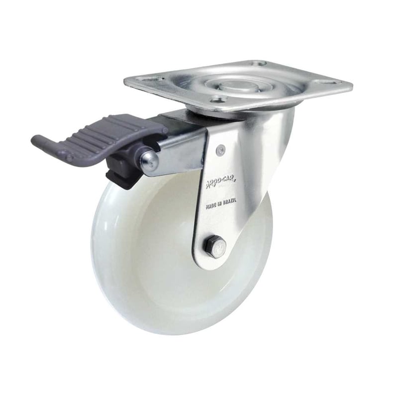 Rodízio giratório 4", de nylon, branco, com freio, GLRON 412 NN, RODCAR