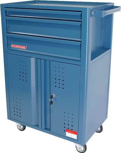 Carro para ferramentas, 60 cm x 40 cm x 90,5 cm, fechado, com 3 gavetas, 2 portas e 1 prateleira fixa interna, 90 kgf, azul
