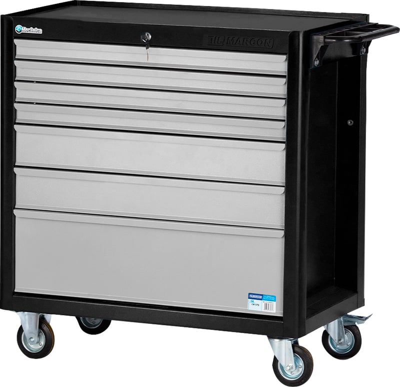Carro para ferramentas, 80 cm x 45 cm x 86,4 cm, fechado, com 7 gavetas, 350 kgf, preto com cinza, Black Series