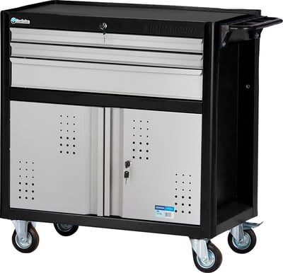 Carro para ferramentas, 80 cm x 45 cm x 86,4 cm, fechado, com 3 gavetas, 2 portas, 350 kgf, preto com cinza, Black Series