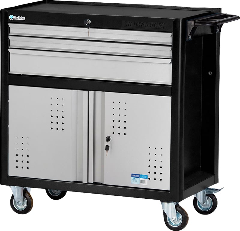 Carro para ferramentas, 80 cm x 45 cm x 86,4 cm, fechado, com 3 gavetas, 2 portas, 350 kgf, preto com cinza, Black Series