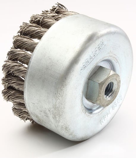 Escova copo em aço trançado, 100 mm, M14, fio 0,6 mm, 8.500 rpm