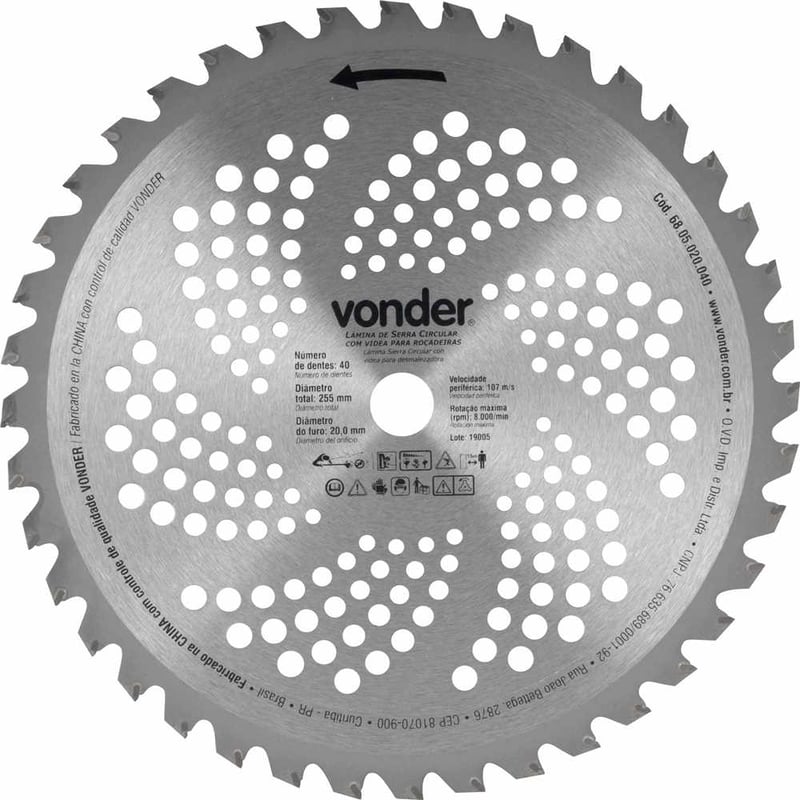 Lâmina circular com vídea, para roçadeiras, 255 mm x 20 mm, 40 dentes