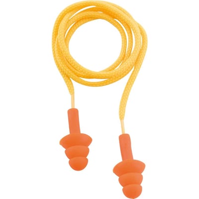 Protetor auditivo tipo plug, de silicone, com cordão em algodão