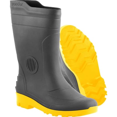 Bota de PVC preta e amarela, cano médio, sem forro, 39
