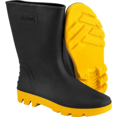 Bota de PVC preta com amarelo, cano médio, sem forro, 44