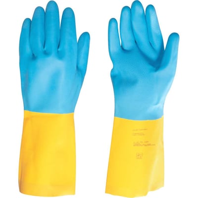 Luva de látex/neoprene, média, amarela e azul