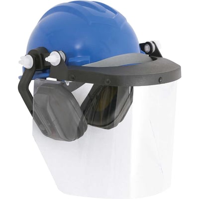 Capacete azul com aba frontal, protetor facial e abafador de ruídos