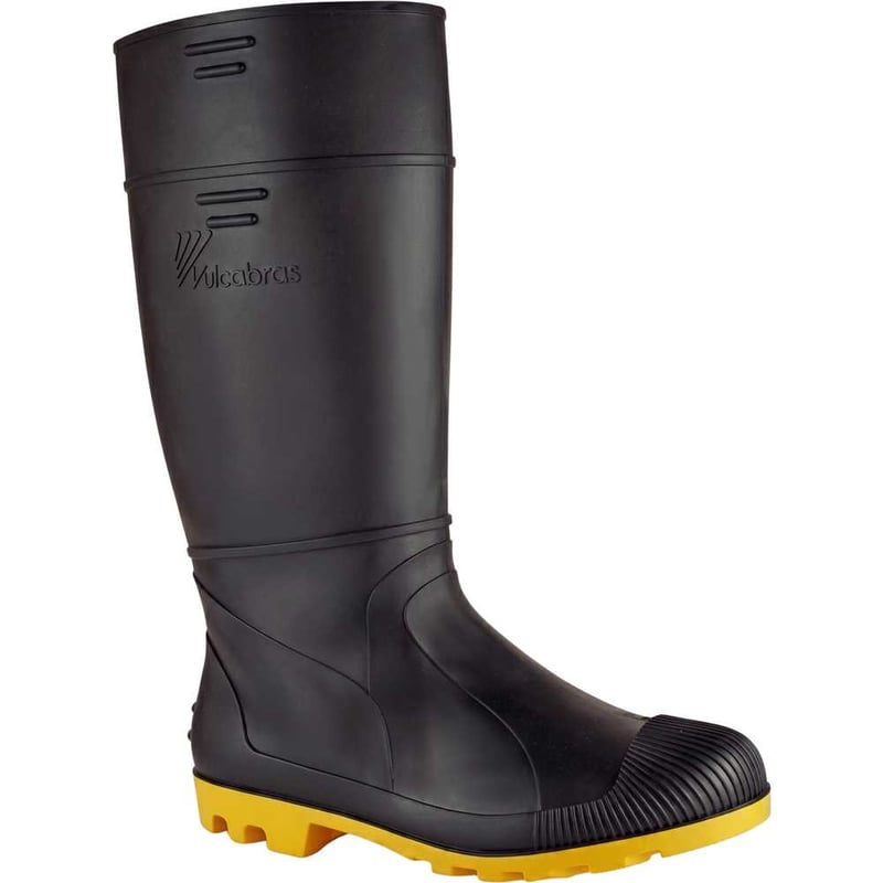 Bota de PVC cano longo, tamanho 40, sem forro, preta e amarela