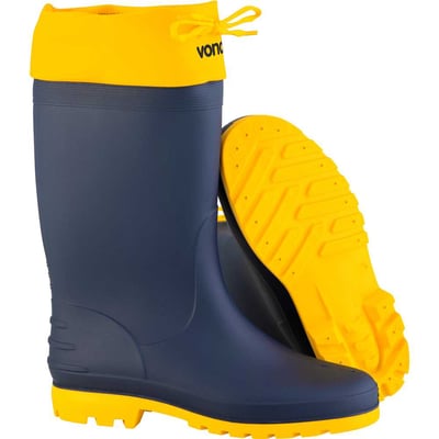 Bota de PVC azul com polaina amarela, 35/36, cano médio, com forro