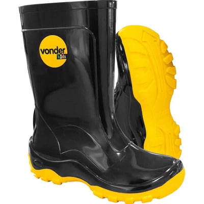 Bota infantil de PVC, preta e amarela, com forro, 28/29