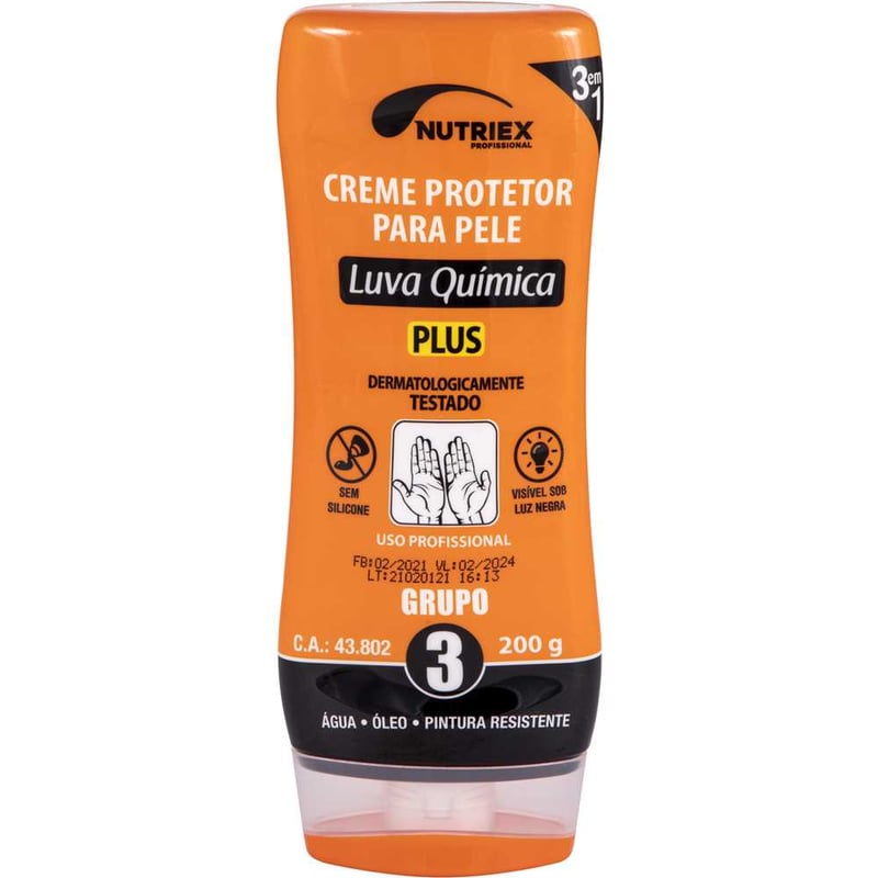 Creme protetor para a pele, 200 g, luva química grupo 3