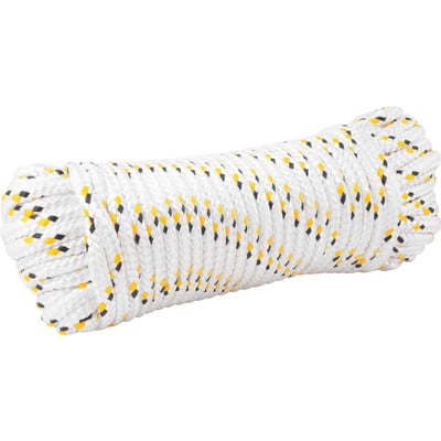 Corda multifilamento trançada 12,0 mm x 30 m, branca com detalhes em preto e amarelo, cartela