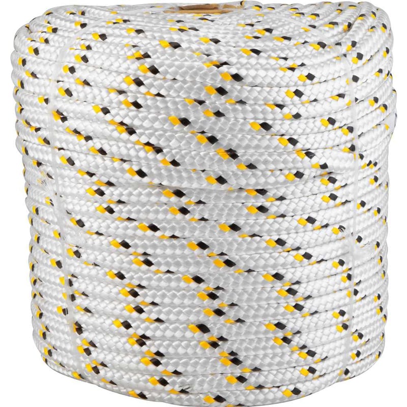 Corda multifilamento trançada 10,0 mm x 110 m, branca com detalhes em preto e amarelo