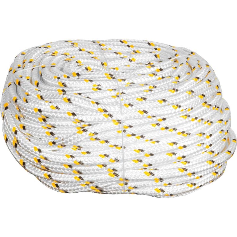 Corda multifilamento trançada 19,0 mm x 110 m, branca com detalhes em preto e amarelo