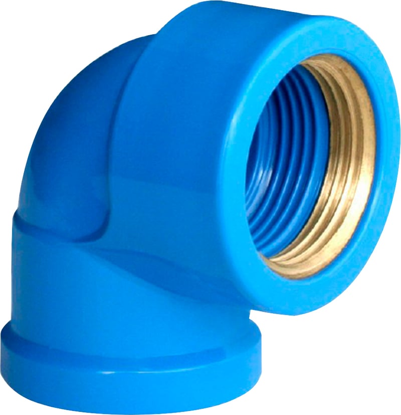 Joelho 90° soldável em PVC com bucha de latão roscável, 25 mm x 1/2", azul, 20104002